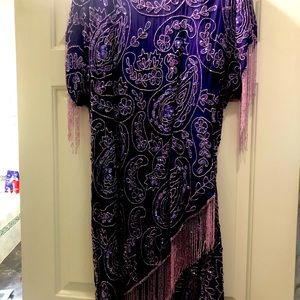 Cocktail dress beautiful beaded dress grape color with lavender beaded fringe